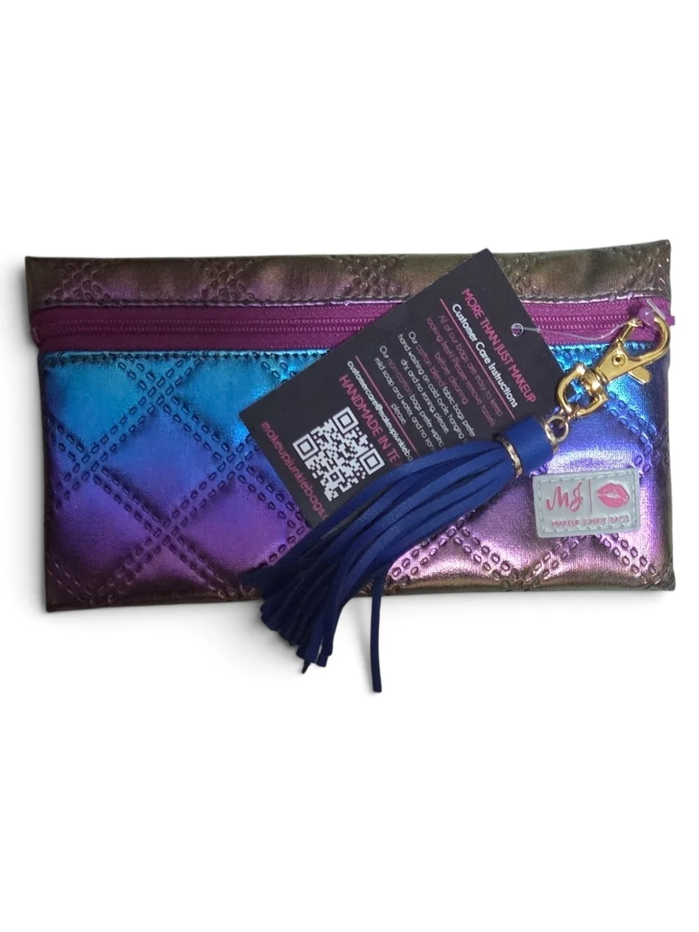 Iridescent Quilted Cosmetic Clutch with Navy Tassel